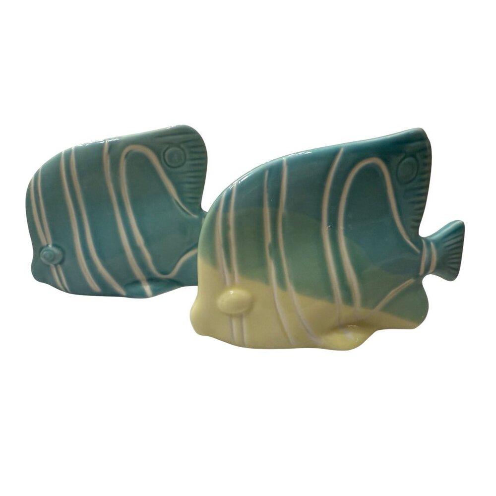 Pair Of Ceramic Fish Figurines Oceanic Decor Blue & Green